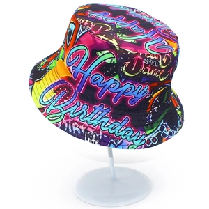 Colorful graffiti bucket hat with Happy Birthday print and street style patterns