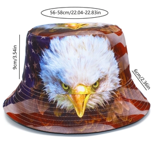 Detail showing eagle and flag pattern bucket hat with specific dimensions and measurements