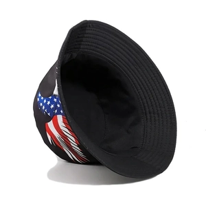 Detailed side view of black bucket hat with eagle wing and American flag print