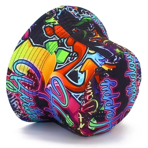 Top view of graffiti fisherman hat with colorful Happy Birthday street style print