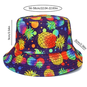 Dimensions détaillées du chapeau bob violet avec imprimé ananas multicolore