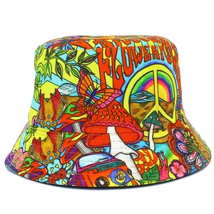 Faltbarer Hippie-Anglerhut mit buntem Flower-Power-Druck und Pilz-Motiven für Sommer