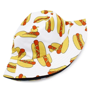 White cotton bucket hat featuring colorful cartoon hot dog patterns for sun protection