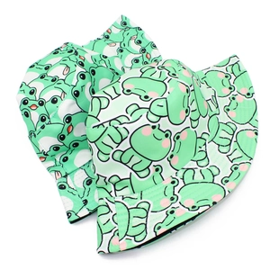 Cute green bucket hat with cartoon frog patterns for sun protection and casual summer wear