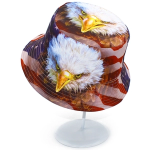 Unisex bucket hat with American flag and bald eagle print for outdoor sun protection