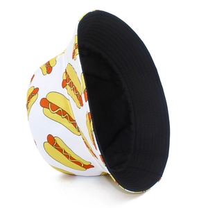 White bucket hat with colorful hot dog pattern and black lining for outdoor sun protection
