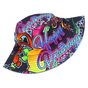 Detailed view of canvas fisherman hat with colorful Happy Birthday graffiti print