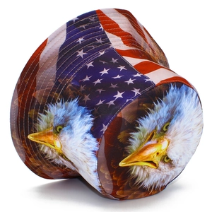 Detailed close-up of eagle and US flag print on a durable outdoor sun bucket hat
