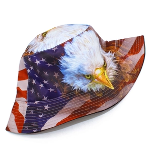 Detail of adult bucket hat featuring eagle and American flag digital print fabric