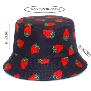 Detailed dimensions of navy cotton bucket hat with vibrant red strawberry print patterns