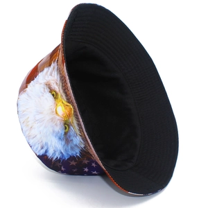 Detailed close-up of eagle head print and American flag pattern on the bucket hat