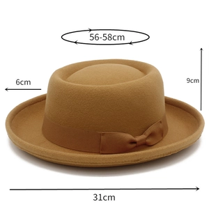 Detailed dimensions of khaki wool pork pie hat with 56-58cm head circumference