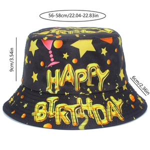 Detail of black Happy Birthday bucket hat showing yellow star and cocktail glass patterns
