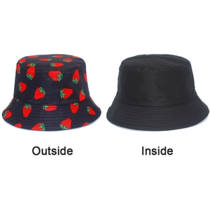 Detail of reversible strawberry print bucket hat showing black canvas and patterned side