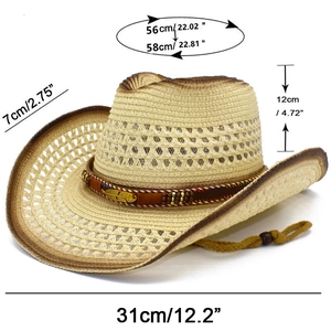 Detailed size chart of the woven straw cowboy hat with brim and height dimensions