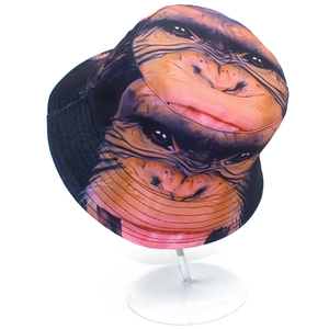 Black bucket hat with colorful gorilla face pattern on white display stand