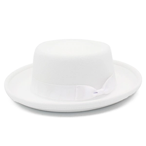 Close-up of the white wool felt fedora featuring a matching grosgrain ribbon and bow detail