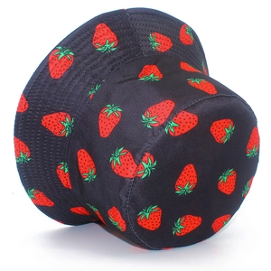 Classic black bucket hat with vibrant strawberry print for outdoor sun protection