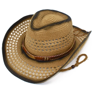 Detail of hand-woven straw cowboy hat with distressed finish and feather leather band