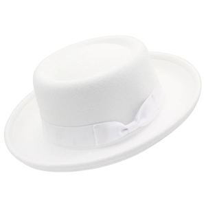 Classic white wool felt bowler hat with elegant bow ribbon decoration in 45-degree view