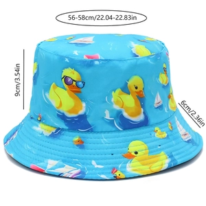 Detail view of sky blue bucket hat featuring yellow duck print and size dimensions