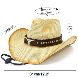 Detaillierte Größentabelle für den Western Strohhut mit Stierkopf-Emblem und Lederband