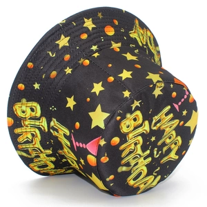 Close-up of Happy Birthday fisherman hat with yellow stars and 3D lettering design