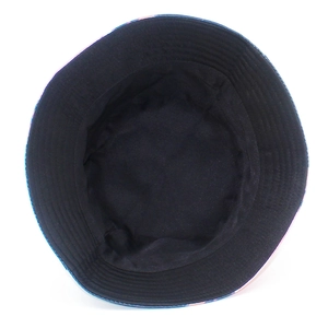 Internal view of bucket hat showing black lining and colorful printed brim details