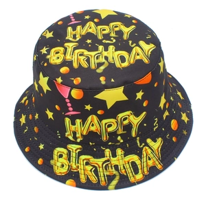 Black bucket hat with Happy Birthday 3D balloon print and stars for party sun protection