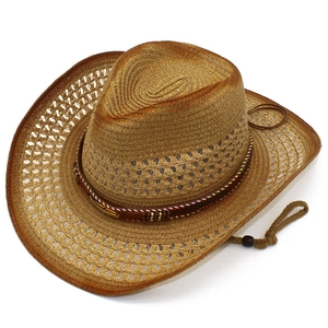 Detail of hand-woven straw cowboy hat with breathable hollow mesh and leather band