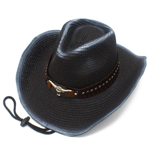 Detail eines schwarzen Stroh-Cowboyhutes mit braunem Lederband und Metall-Stierkopf-Zierteil
