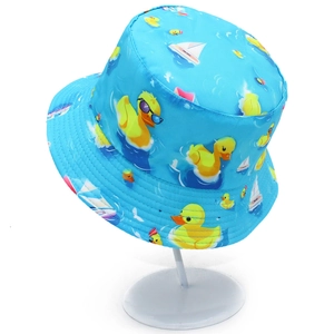 Sky blue kids bucket hat with cartoon duck and sailboat pattern, outdoor sun protection