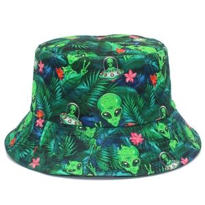 Cappello alla Pescatora in Cotone Con Stampa Alieno Reversibile Per Uomo Donna Protezione Solare Streetwear Hip Hop