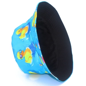 Detail of blue duck sun hat showing brim stitching and black interior lining