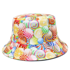 Colorful Printed Reversible Bucket Hat Candy Fruit Cereal Pattern Sun Protection Cotton Outdoor Travel Hat For Women Men