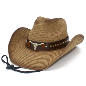 Western Strohhut mit metallischem Stierkopf-Emblem und verstellbarem Kinnriemen für Damen
