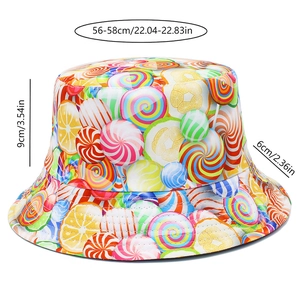 Detailed size chart for candy pattern bucket hat with dimensions for crown and brim