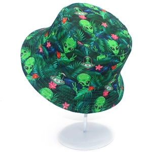 Cappello da pescatore double-face con stampa alieno e UFO in tela di cotone verde scuro