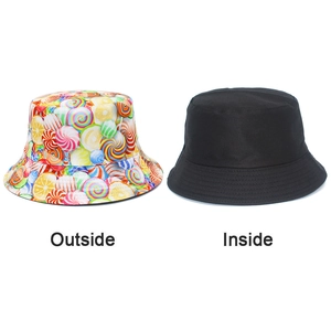 Detail of reversible bucket hat showing colorful candy print side and solid black inner side