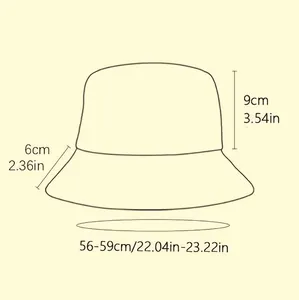 Size chart showing fishbone embroidered bucket hat height, brim width and circumference