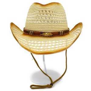 Classic Western straw cowboy hat with decorative leather band and turquoise beads