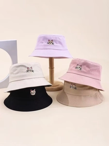 Collection of five colorful cotton bucket hats with cute cartoon cat embroidery details