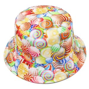 Outdoor fashion bucket hat featuring colorful candy and fruit prints on white background