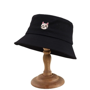 Cute Cartoon Cat Embroidered Cotton Bucket Hat For Women Men Sun Protection Wide Brim Fisherman Hat Outdoor Casual Travel Cap