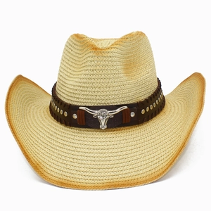 Western Cowboy Strohhut Mit Metall Stierkopf Dekor Besetzt Kunstleder Band Verstellbares Windseil Gewebter Sonnenschutz Strandhut Für Herren Damen