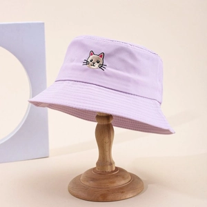 Light purple bucket hat with cute cartoon cat embroidery and decorative brim stitching