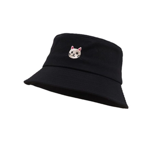 Close-up of cute cat face embroidery on a premium black cotton fisherman bucket hat