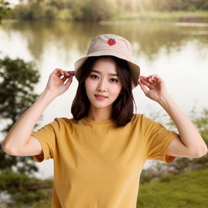 Close-up of strawberry embroidery on a beige cotton bucket hat worn outdoors