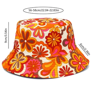 Size guide for floral bucket hat showing 56-58cm circumference and 9cm depth dimensions