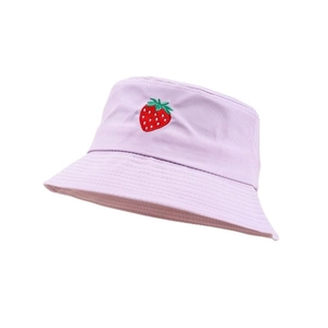 Close-up of red strawberry embroidery on light purple cotton bucket hat with clean finish